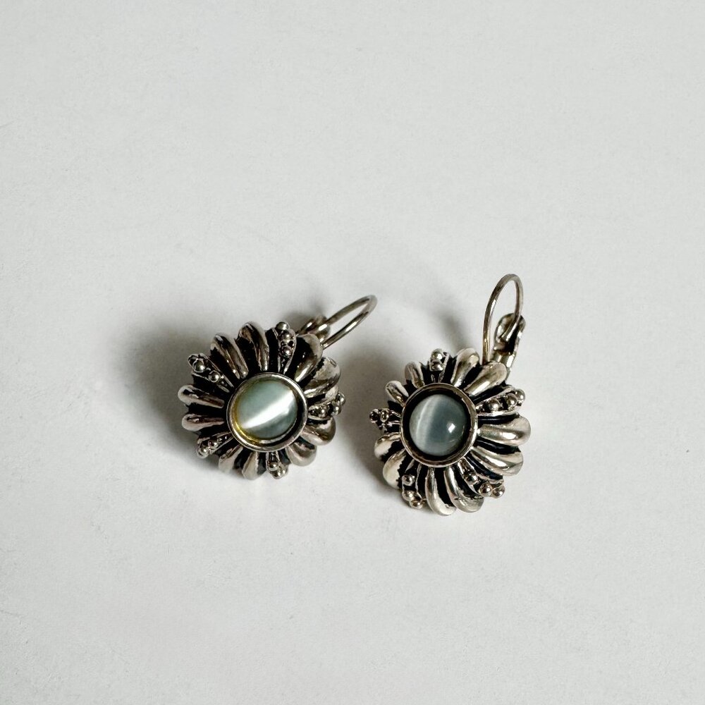 Vintage Silver Grey Glow Style Cabochon Dangle Leverback Earrings